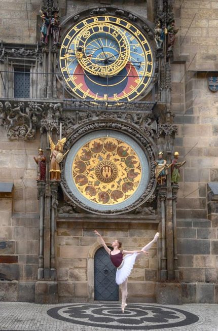 Ballerina's Grace at Prague's Astronomical Clock Fine Art Poster