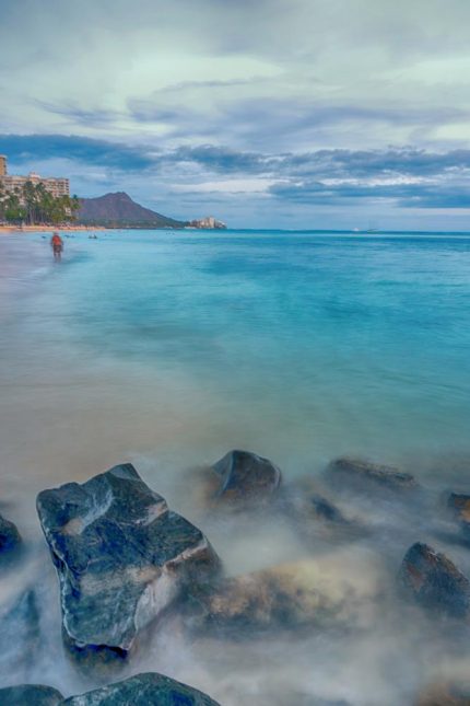 Diamond Head Serenity: A Long-Exposure View of Waikiki Beach Fine Art Poster