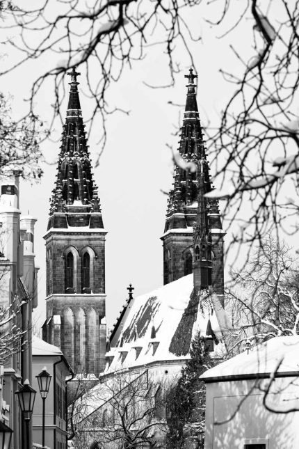 Prague's Winter Spires: The Vyšehrad Cathedral in Black and White Fine Art Poster